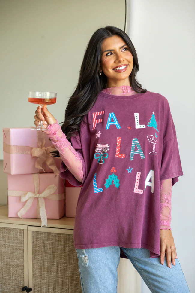 Fa La La La La Burgundy Oversized Graphic Tee SALE | Pink Lily