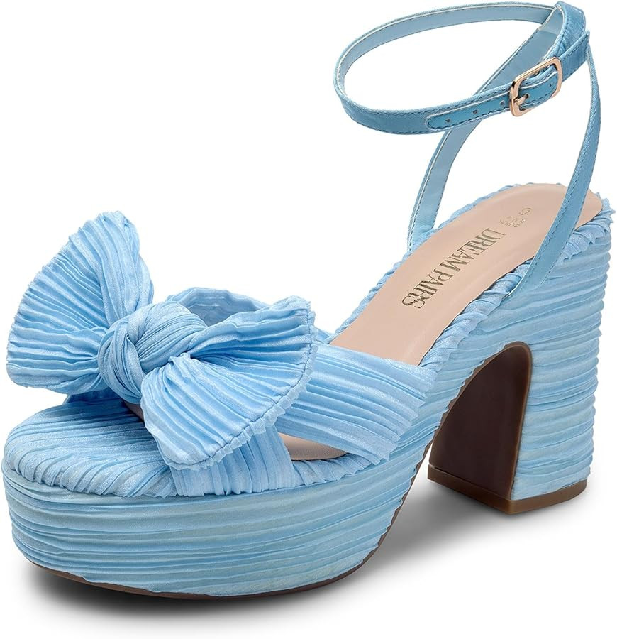 DREAM PAIRS Women's Chunky Platform Heels Sandals Pleated Bow Knot Ankle Buckle Strap Heeled Sand... | Amazon (US)