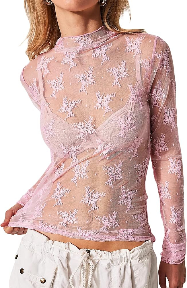 KMBANGI Women's Mesh Lace Long Sleeve Top Mock Neck Sheer Blouse Floral Lace Layering Tops Y2k Se... | Amazon (US)