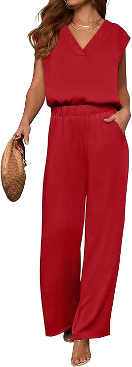 ANRABESS Conjunto de 2 piezas de verano para mujer, conjunto de camiseta con cuello en V y pantal... | Amazon (US)