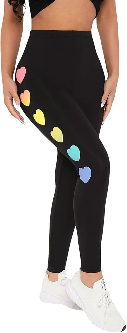 Floerns Women's Graphic Print High Waist Sports Running Workout Legging Pants Black Heart Petite ... | Amazon (US)