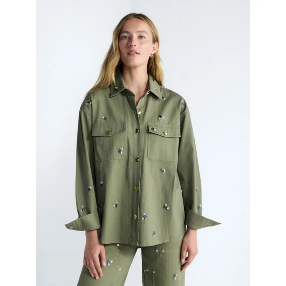 Free Assembly Women's and Women's Plus Embellished Cotton Utility Shirt with Long Sleeves, Sizes ... | Walmart (US)