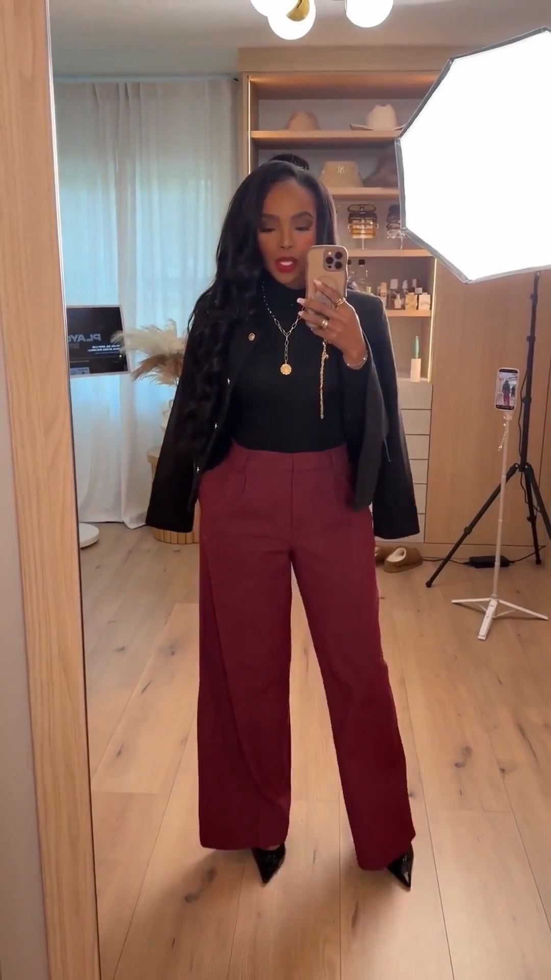 ✨ Polished with a Modern Edge

This elevated neutral-meets-burgundy look strikes the perfect balance between powerful and wearable. A sleek fitted top paired with tailored wide-leg trousers creates a clean, elongating silhouette, while the structured blazer draped over the shoulders adds effortless polish. These are the kind of versatile pieces you can restyle endlessly, making the cost per wear drop fast over time.

Perfect for:
• Workdays
• Meetings
• Dinner plans
• Holiday gatherings
• Elevated everyday wear

📏 Sizing:
Top: Small
Bottoms: 4 Long
Blazer: Small

Measurements:
5’4” · 138 lbs · 34D · 27” waist · 40” hips

Tap to get details.

Burgundy trouser outfit inspiration, tailored wide-leg pants styling, polished workwear looks, chic neutral outfits, elevated everyday style with modern staples.

Follow me on Instagram and YouTube @kirasfashionfinds

