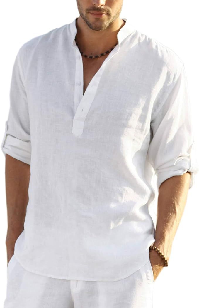 COOFANDY Men's Cotton Linen Henley Shirt Long Sleeve Hippie Casual Beach T Shirts | Amazon (US)