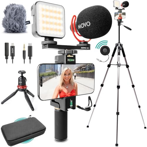 Movo iVlogger-PRO Vlogging Kit with Full Tripod for iPhone/Android - USB-C/Lightning YouTube Starter Kit for Content Creators - Accessories: Phone Tripod, Phone Mount, RGB Light and VXR10 Shotgun Mic | Amazon (US)