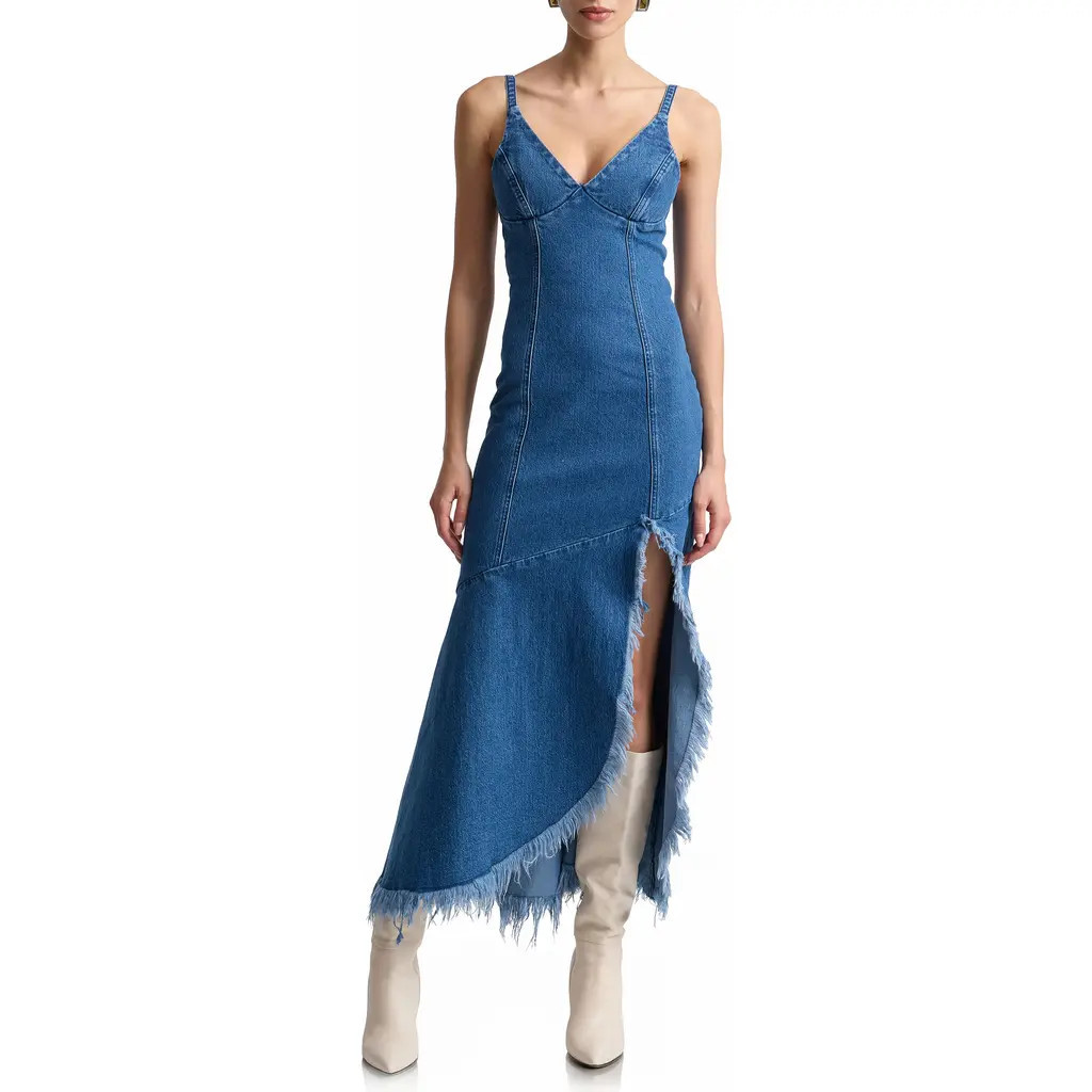Avec Les Filles Frayed Hem Denim Maxi Dress in Monarch Wash at Nordstrom, Size 6 | Nordstrom