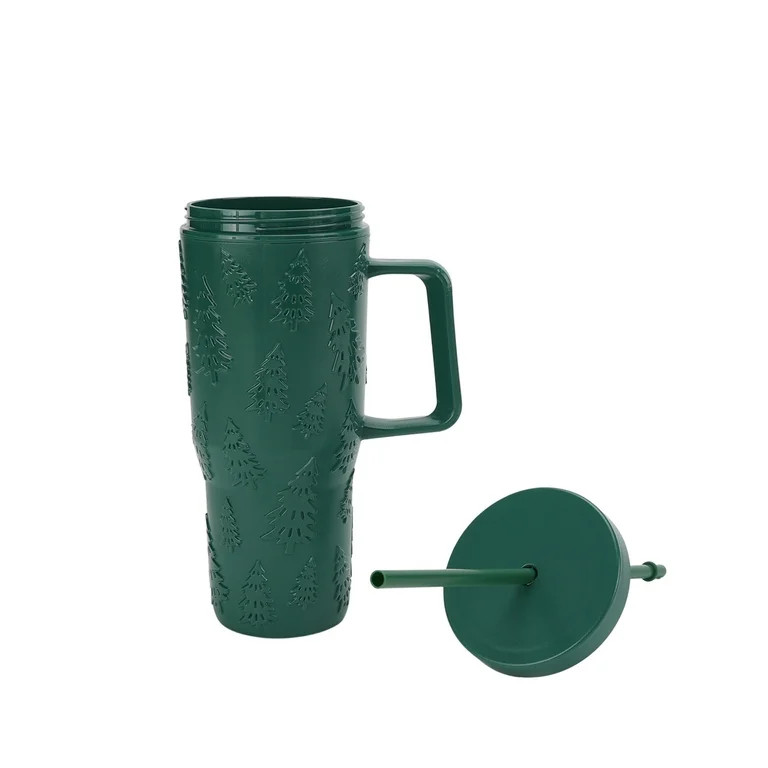 30 Ounce Green Acrylic Double Wall Embossed Christmas Trees Tumbler with Straw and Handle, by Hol... | Walmart (US)