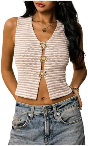 MakeMeChic Women's Metal Floral Summer Crop Tops V Neck Knit Split Sleeveless Sweater Vests | Amazon (US)