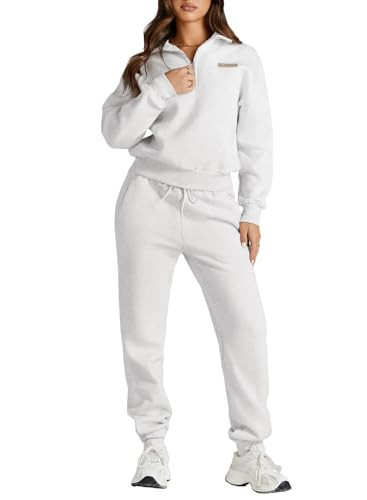 Herseas Two Piece Outfits for Women Half Zip Oversized Sweatshirt Jogger Pants Tracksuit Matching Set Sweatsuit Tracksuit Matching Sets White Small 4 6 | Amazon (US)