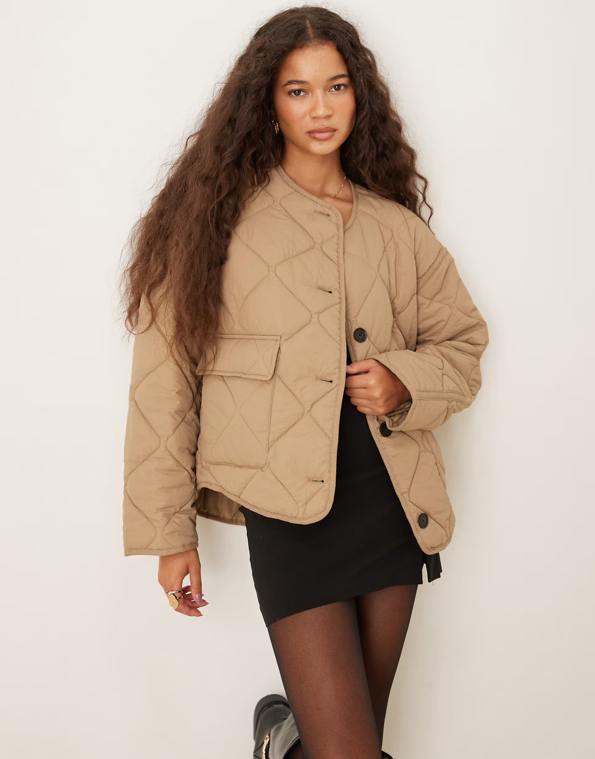 Gina Tricot quilted jacket with front flap pockets in beige | ASOS (Global)