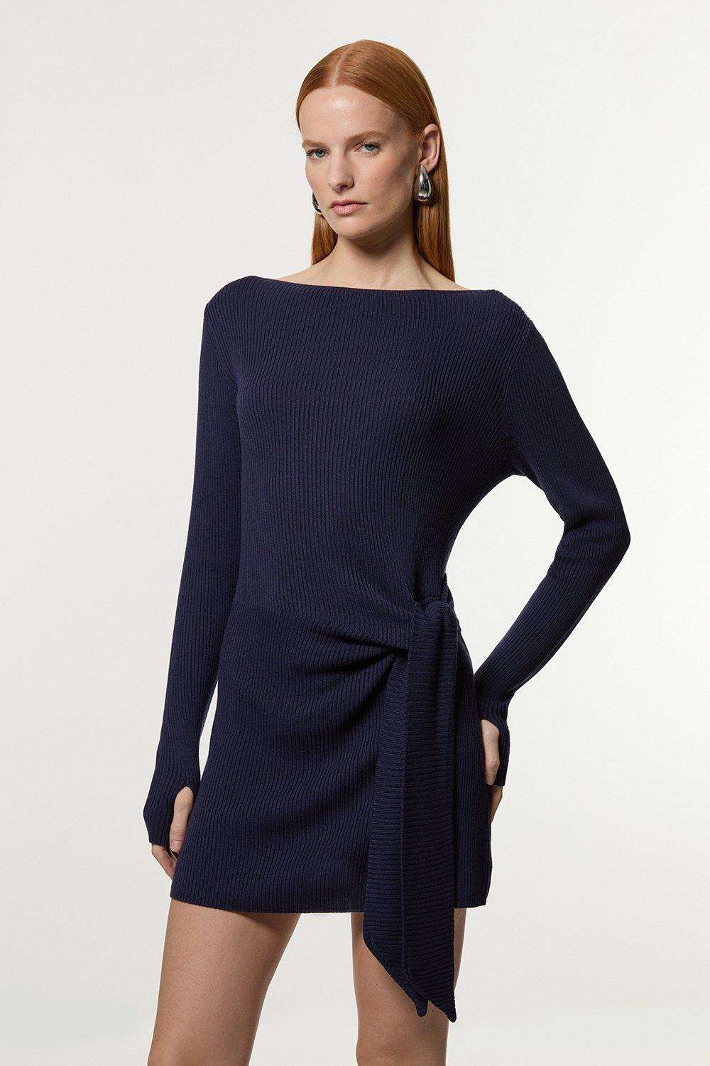 Wool Tencel Ribbed Knit Tie Detail Tunic | Karen Millen UK + IE + DE + NL