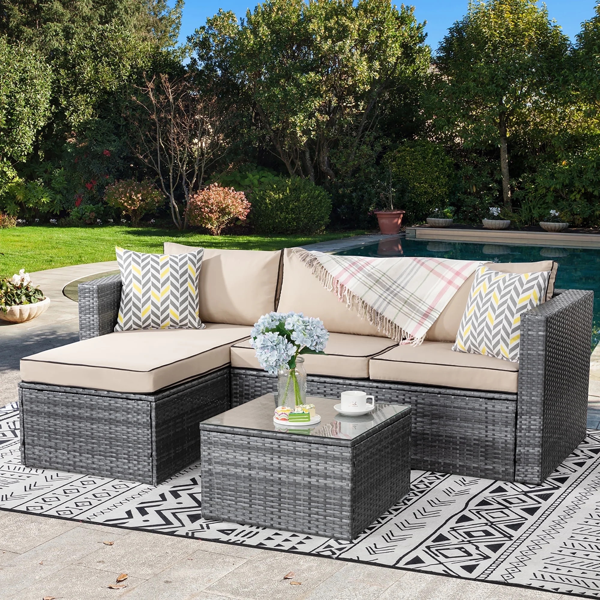 Walsunny 3 Piece Khaki Outdoor Furniture Sectional Sofa Patio Set with Silver Gray Rattan Wicker ... | Walmart (US)