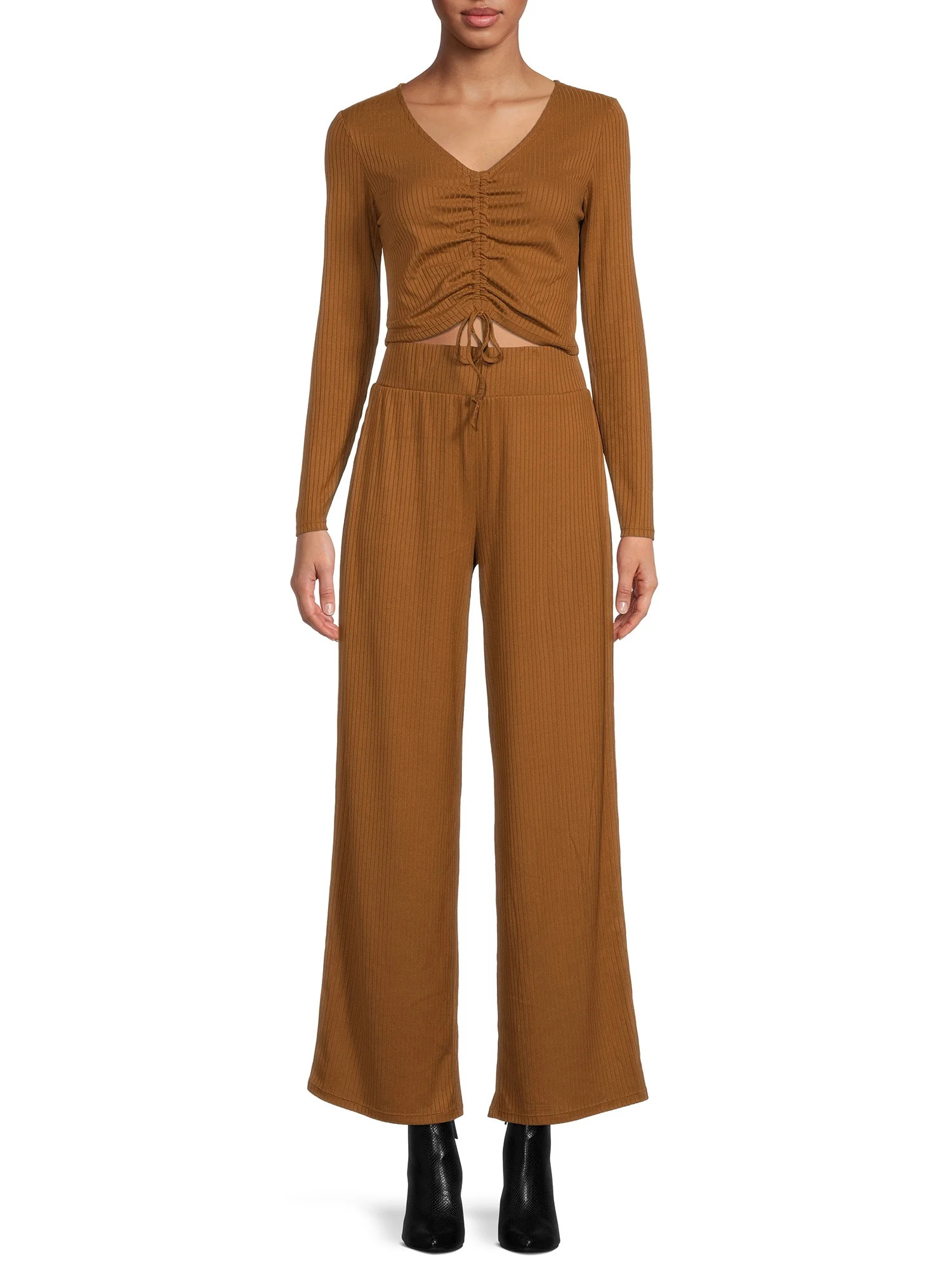 No Boundaries Juniors Ruched Front Top and Wide Leg Pants, 2-Piece Set | Walmart (US)