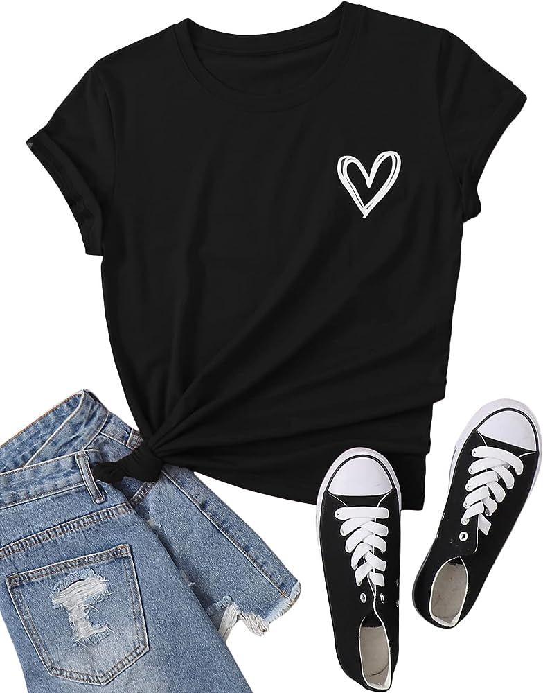 SweatyRocks Women's Heart Print T Shirts Summer Funny Short Sleeve Tops for Teen Girl | Amazon (US)