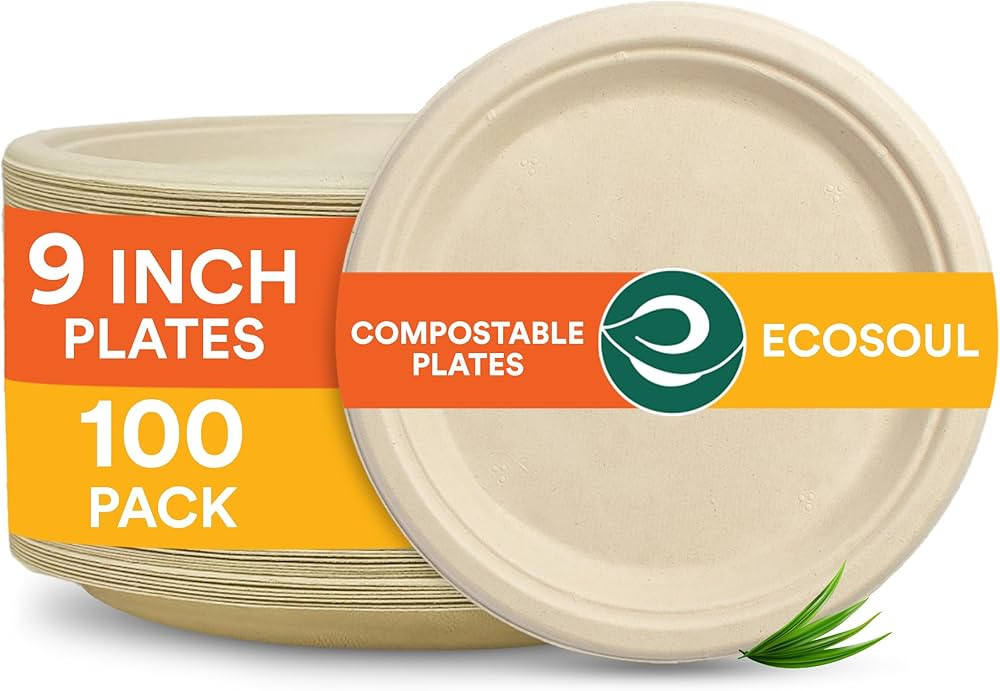 ECO SOUL 100% Compostable 9 Inch Paper Plates (100-Pack) Disposable Party Plates I Heavy Duty Eco... | Amazon (US)