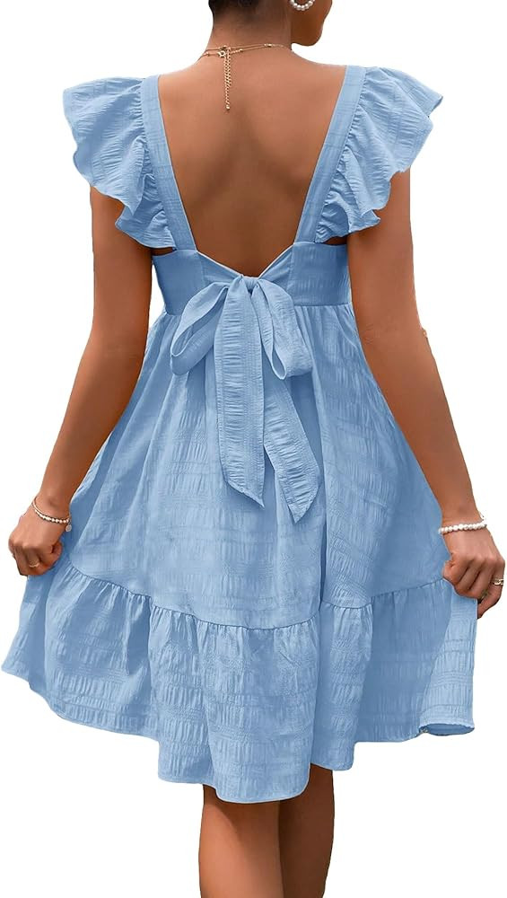 OYOANGLE Women's Maternity Tie Backless Ruffle Trim Short Sleeve Square Neck A Line Dress Solid P... | Amazon (CA)