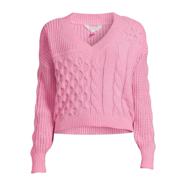 No Boundaries Juniors Patchwork Cable Knit Sweater, Midweight, Sizes XS-XXXL | Walmart (US)