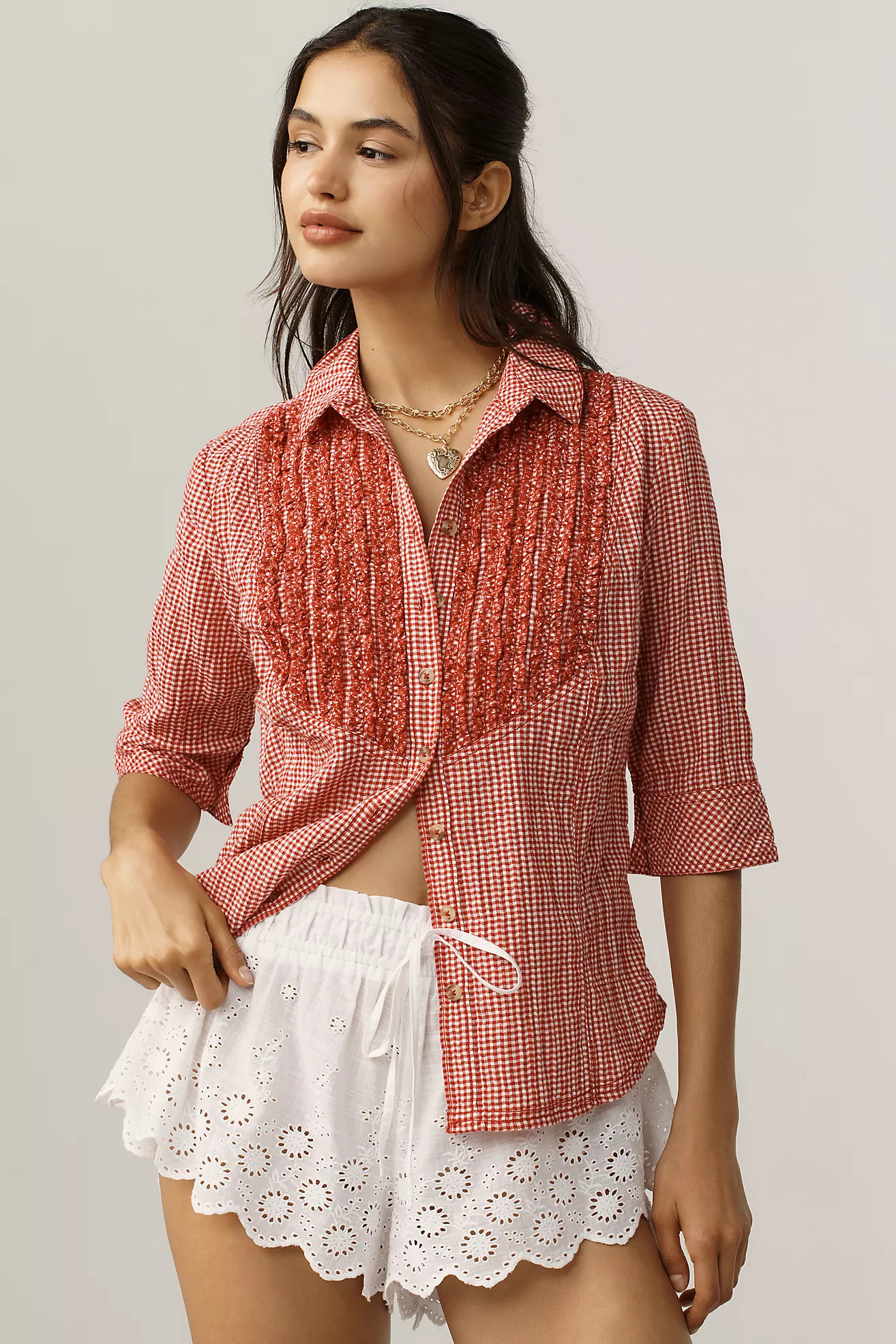 Pilcro Pintuck Half-Sleeve Buttondown Shirt | Anthropologie (US)