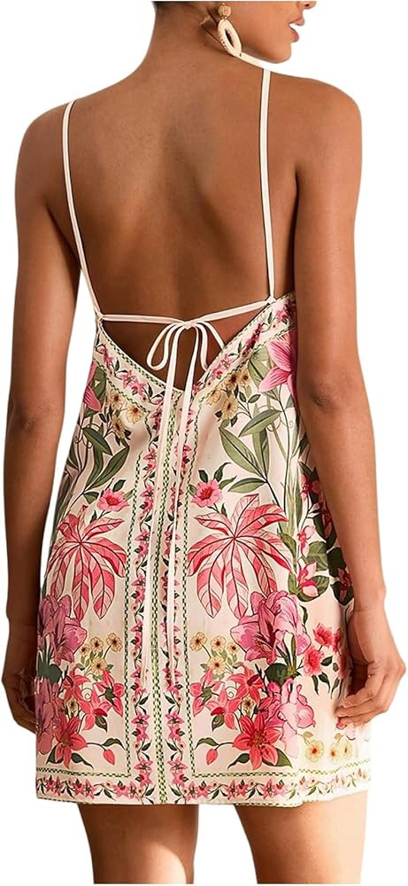 Women's Boho Tropical Tie Backless Halter Dresses Sleeveless Vacation Beach Short Dress | Amazon (US)