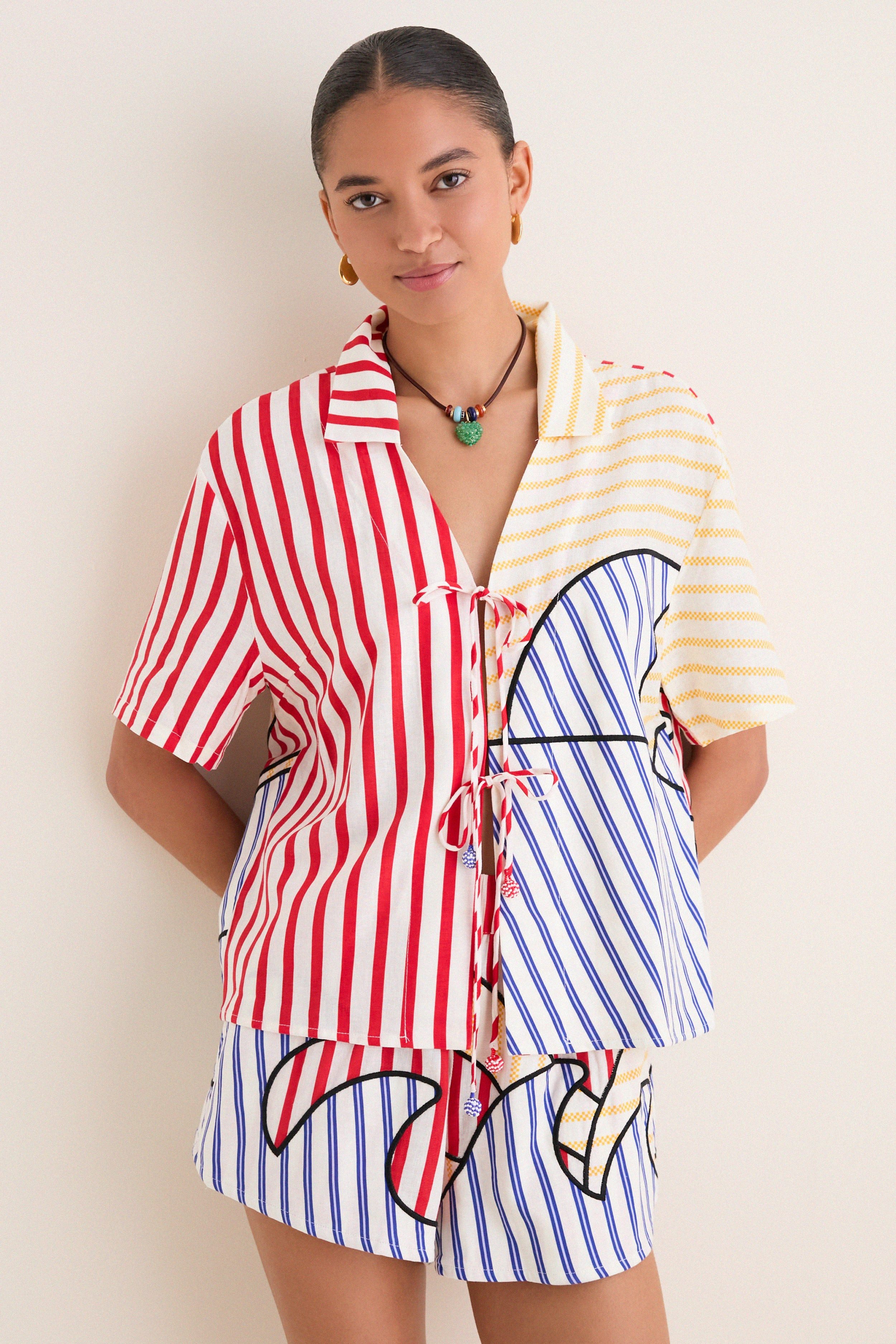 Navy Stripes Off-White Tie Front Blouse | Tuckernuck (US)