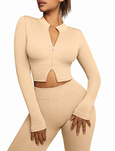 FeelinGirl Matching Sets for Women Workout Sets Athletic Leggings and Long Sleeve Zip Up Gym Tops Light Yellow XL | Amazon (US)