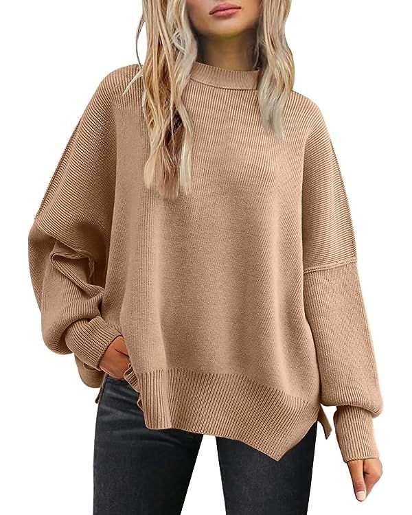 LILLUSORY Women's Crewneck Batwing Long Sleeve Sweater 2023 Fall Oversized Ribbed Knit Side Slit ... | Amazon (US)