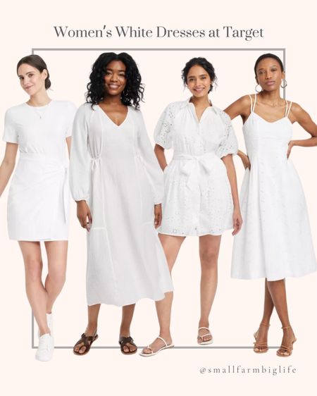 Women’s white dresses at Target. Easter dress. Spring outfit. Date night outfit. Vacation outfit. White dress. Eyelet midi sundress. Eyelet balloon elbow sleeve mini shirt dress. Balloon long sleeve midi a-line dress. Short sleeve mini tshirt wrap dress  

#LTKfindsunder50 #LTKover40 #LTKmidsize
