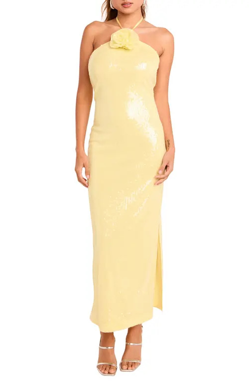 Endless Rose Rose Sequin Halter Maxi Dress in Butter at Nordstrom, Size Medium | Nordstrom