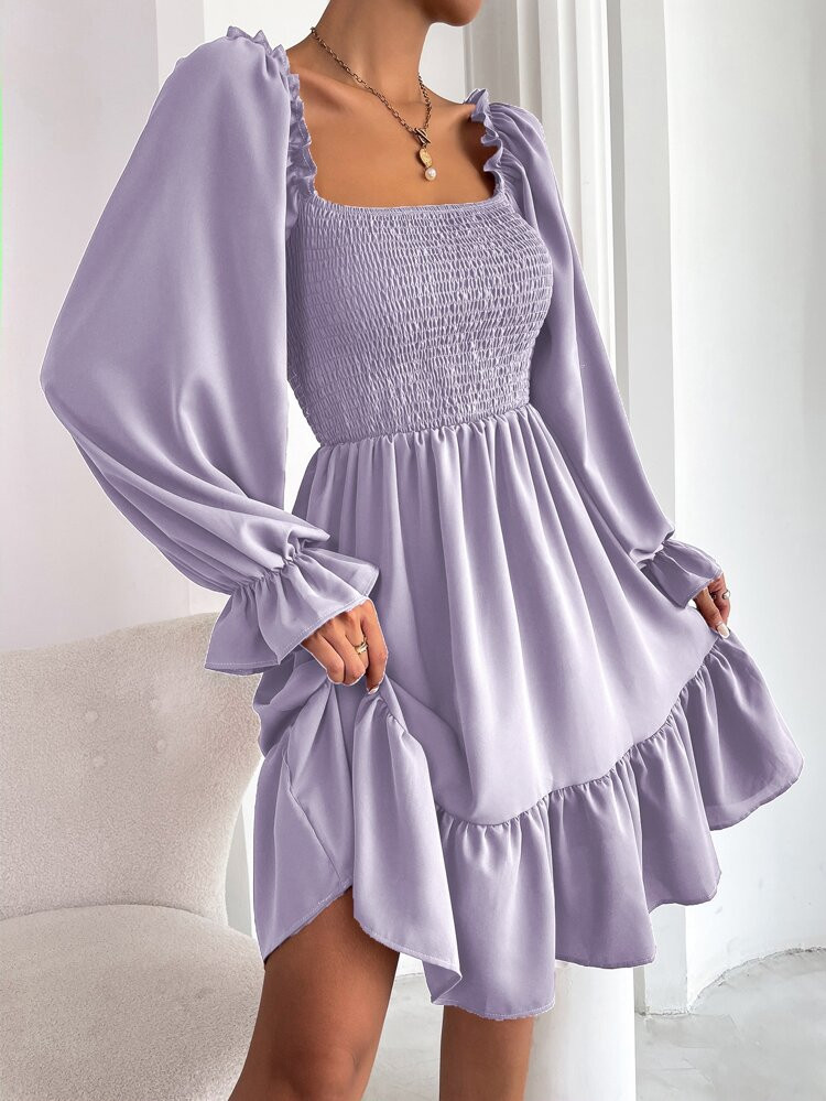 Square Neck Shirred Bodice Flounce Sleeve Ruffle Hem Dress | SHEIN