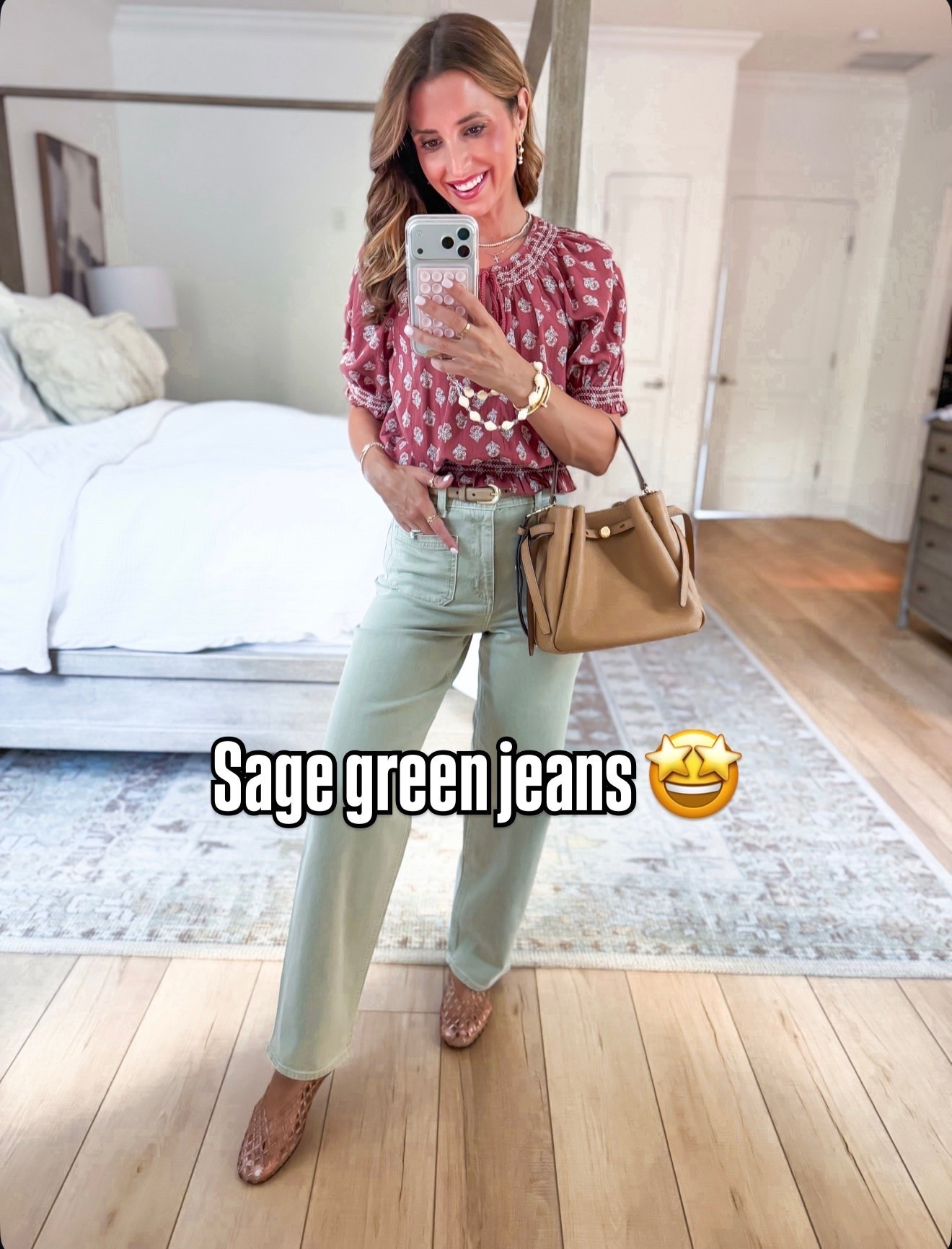 New Target arrivals for summer and early fall! I love these new Sage green jeans!! Wearing 00 in jeans and XS in top. Jelly ballet flats our whole size is only, size down if you are a half size. Tory Burch Romy bucket bag. Summer outfit. Teacher outfit. Business casual outfit. Fall outfit. Elevated casual outfit.

#LTKootd #LTKgrwm #LTKPetite