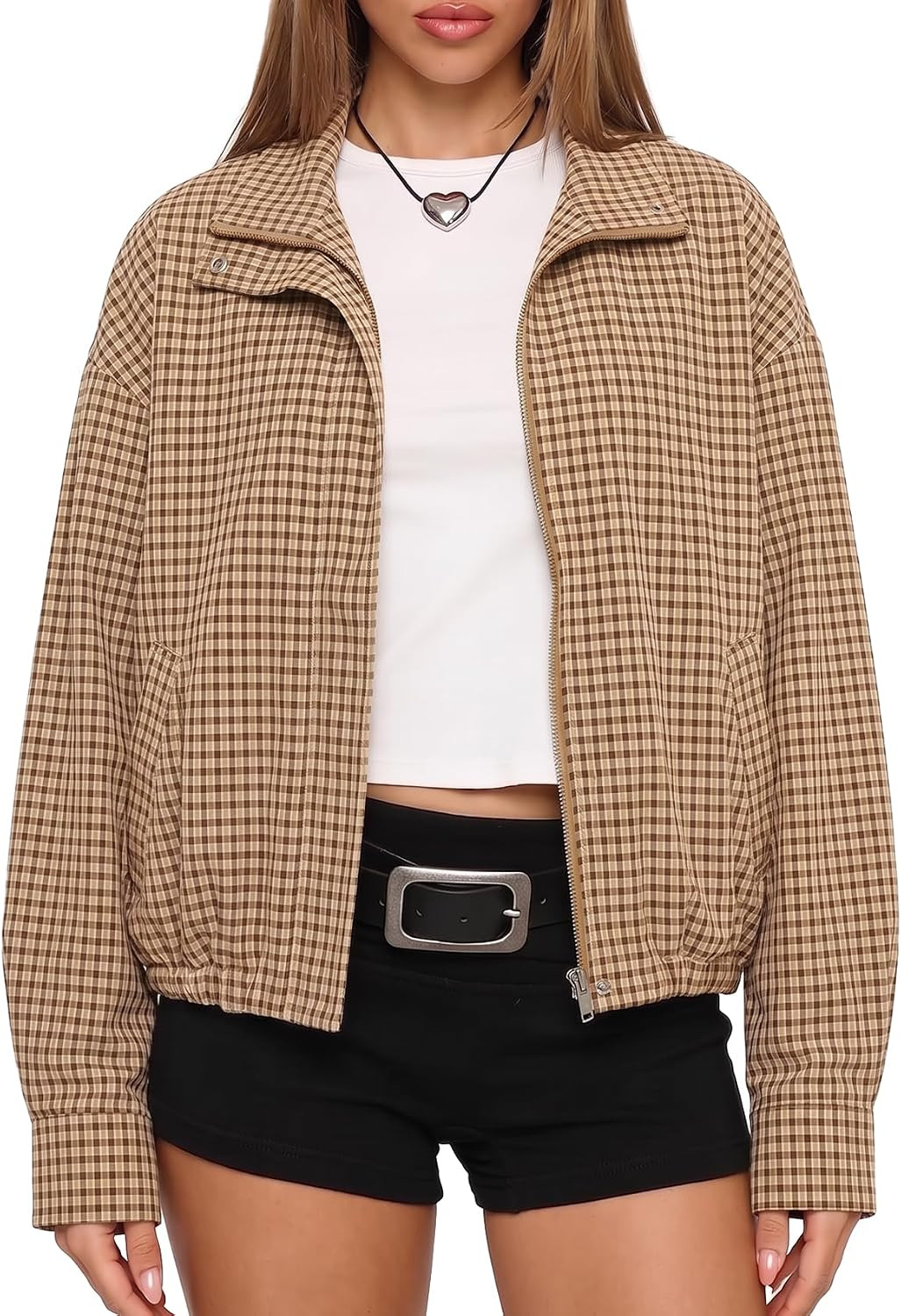 Darong Women's Plaid Bomber Jacket Lightweight Zip-Up Coat with Pockets | Amazon (US)