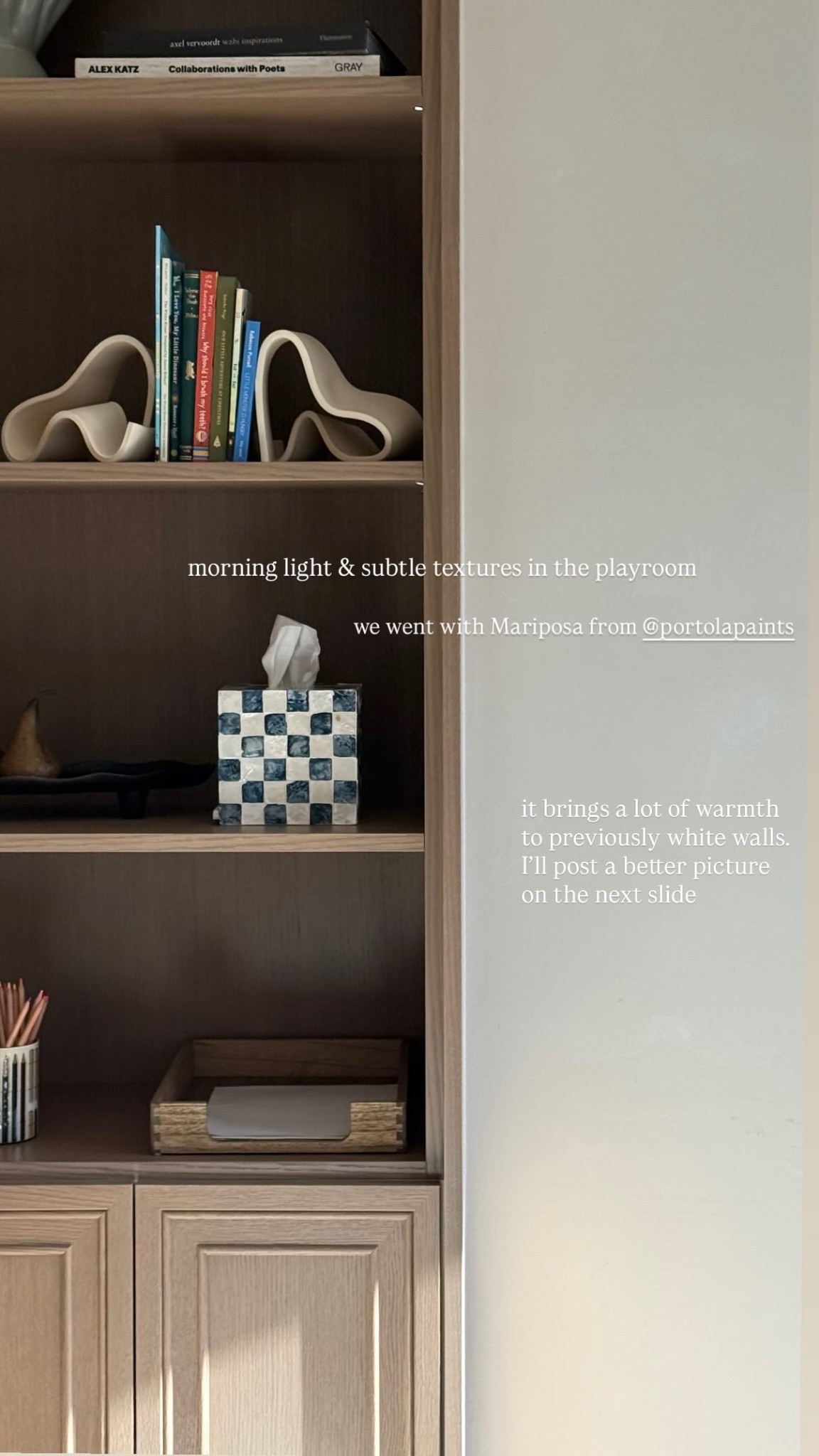 morning light & subtle textures in the playroom  we went with Mariposa from @portolapaints  it brings a lot of warmth to previously white walls. I’ll post a better picture on the next slide