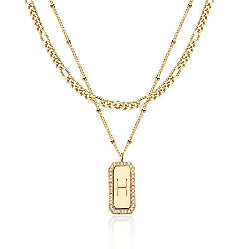 Gold Necklace for Women Figaro Chain Choker Necklace 2 Layered Set Initial Bar Rectangle Pendant ... | Amazon (US)