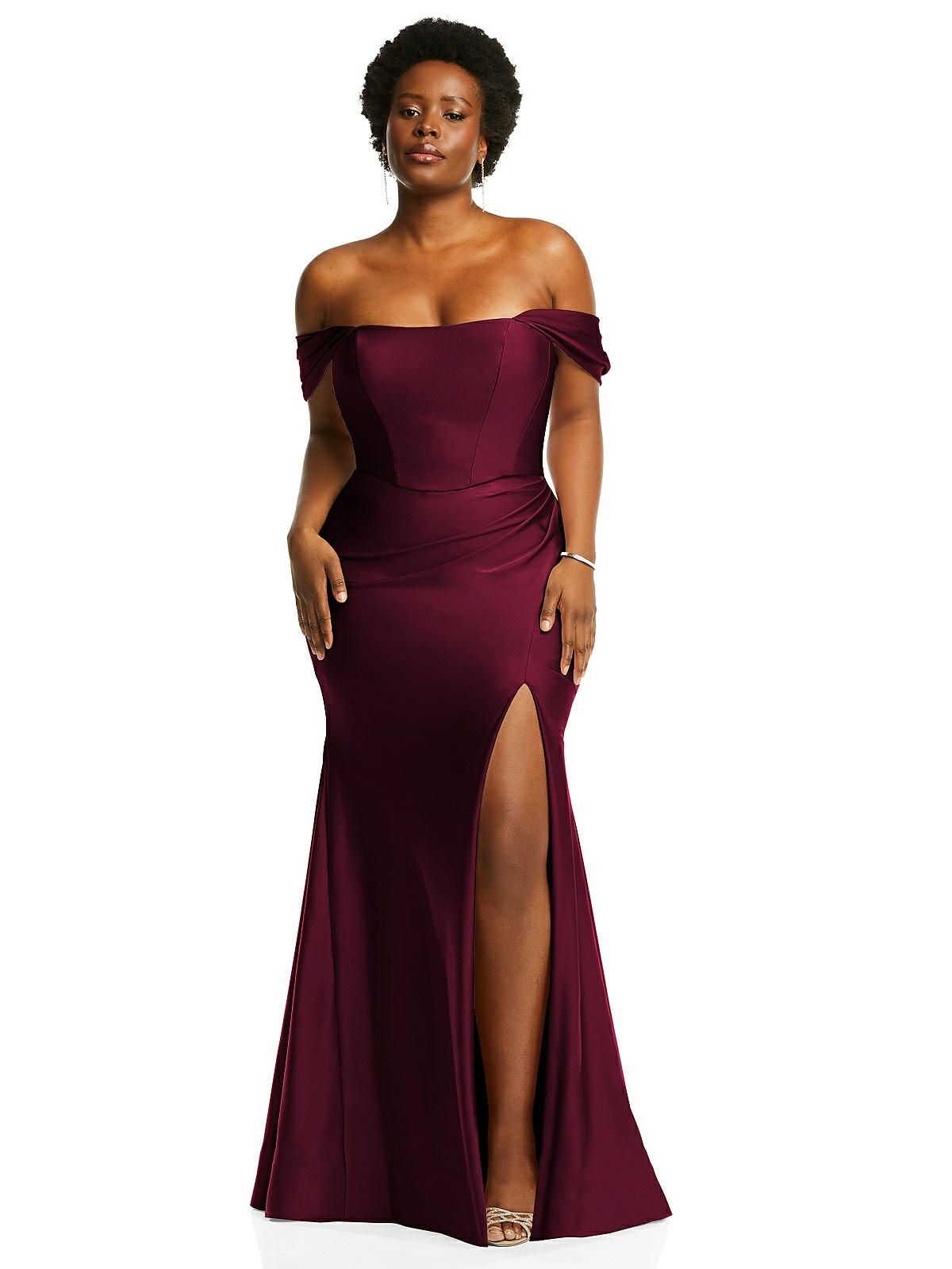 Off-the-Shoulder Corset Stretch Satin Mermaid Dress with Slight Train | The Dessy Group