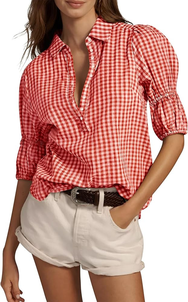 Amazon.com: Relipop Women Shirt Puff Short Sleeve Summer Tops Collared V Neck Button Up Dressy Casual Blouses Spring Outfits Red White Plaid Medium : Clothing, Shoes & Jewelry | Amazon (US)