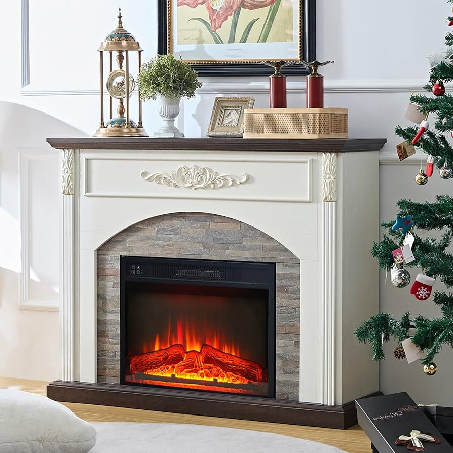 44Inch Electric Fireplace with Mantel, Fireplace Mantel with Stacked Stone Surround, Freestanding... | Amazon (US)