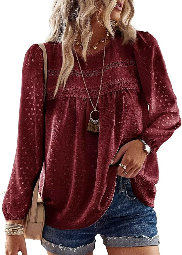 Womens Fall Tops Crewneck Long Sleeve Shirts Casual Chiffon Blouses Flowy Lace Hem Boho Clothing ... | Amazon (US)