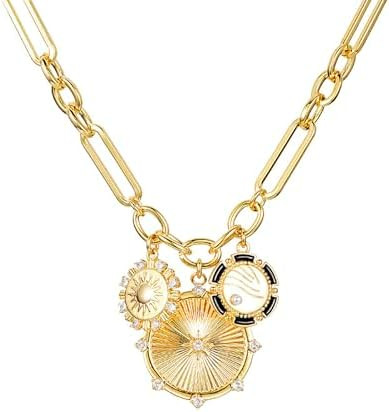 Sun Heart Charm Choker Necklace for Women Men,18k Gold Plated With Zircons Inlaid Pendants,Thick ... | Amazon (US)