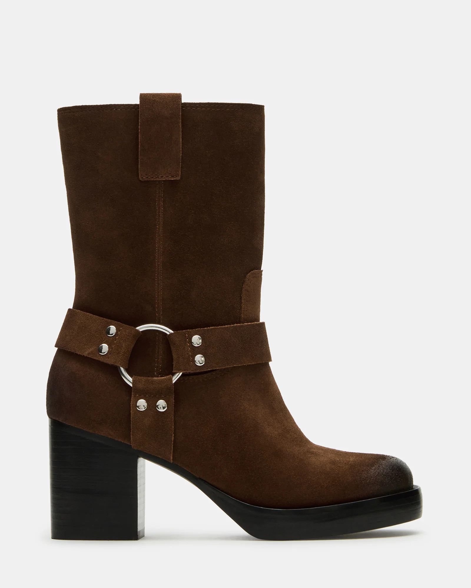 TOPHER Cognac Suede Moto Heeled Ankle Boot | Women's Booties | Steve Madden (US)