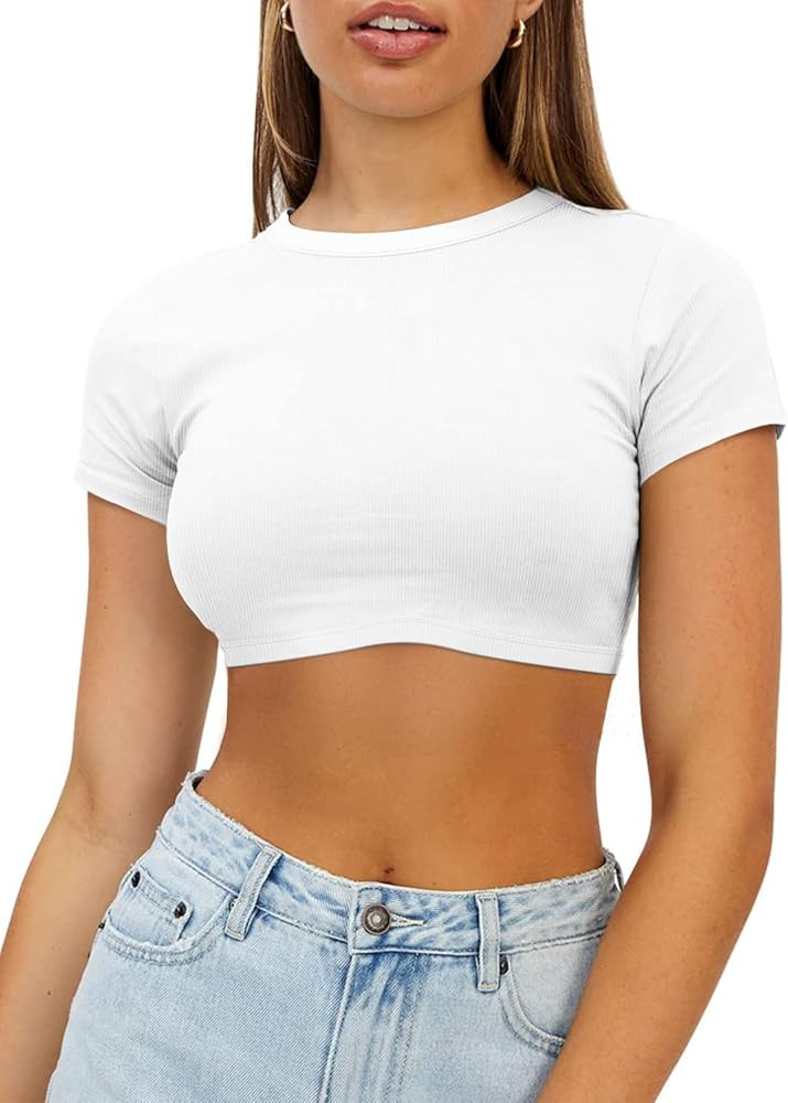 Womens Crop Tops Crewneck Y2K Summer T-Shirt Basic Short Sleeve Fitted Knit Ribbed Casual Blouse ... | Amazon (US)