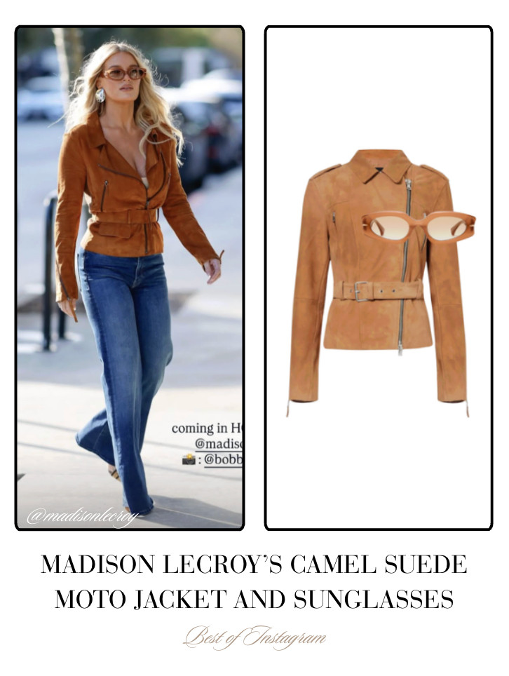 Madison LeCroy's Camel Suede Moto Jacket and Sunglasses 📸= @madisonlecroy  

 
