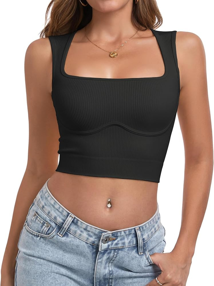 OLCHEE Womens Ribbed Crop Tank Tops Seamless Square Neck Trendy Going Out Basic Shirts 2024 Summe... | Amazon (US)