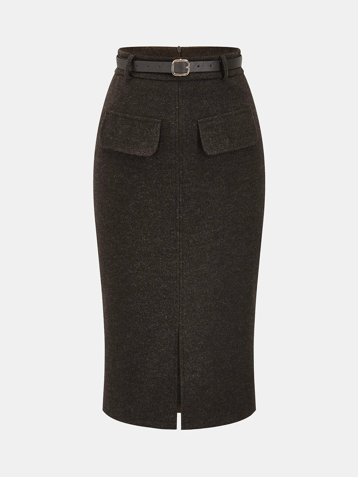 Faux Cashmere Belted Slit Pencil Skirt | Commense