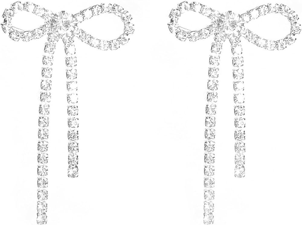 Bow Earrings for Women Girls Rhinestone Long Tassel Earrings Ribbon Bow Drop Earring Silver Stain... | Amazon (US)