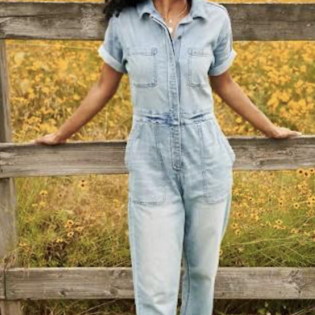 Altar'd State Light Wash Denim Short-Sleeve Jumpsuit | Depop | Depop US