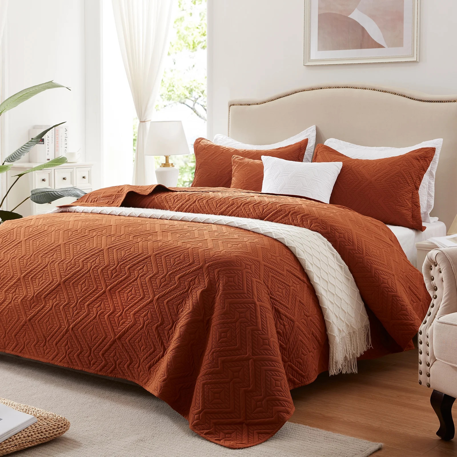 Quilt Set King Size 3 Pieces, Lightweight Burnt Orange/Rust Bedspread-98''x106'', Soft Microfiber... | Walmart (US)