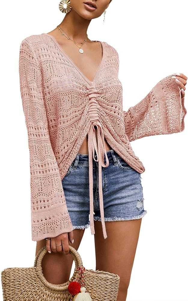 Saodimallsu Womens Boho Off Shoulder Sheer Crop Tops Bell Sleeve Flowy Oversized Crochet Ruched P... | Amazon (US)
