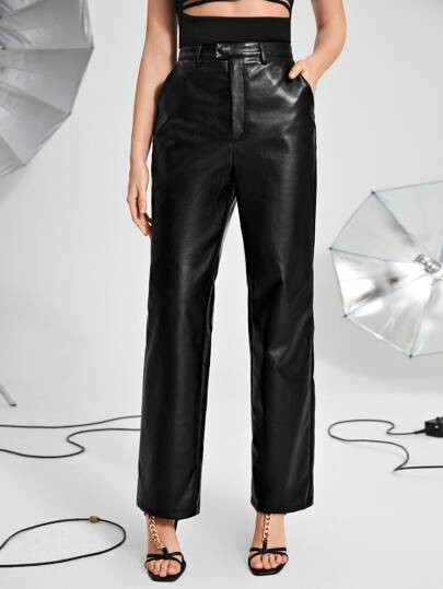 SHEIN High Waist PU Leather Straight Leg Pants | SHEIN