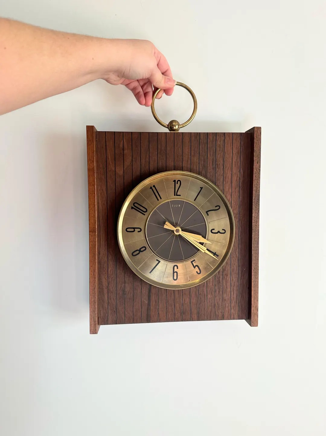 Vintage Midcentury Elgin Battery Operated Wall Clock, Wood and Brass - Etsy | Etsy (US)
