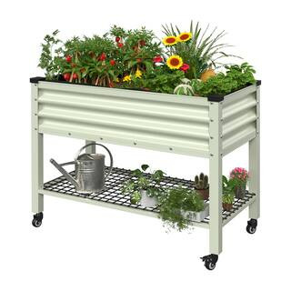 48 in. L x 25 in. W x 34 in. H Beige Galvanized Steel Raised Garden Bed w/ Lockable Wheels, Liner... | The Home Depot